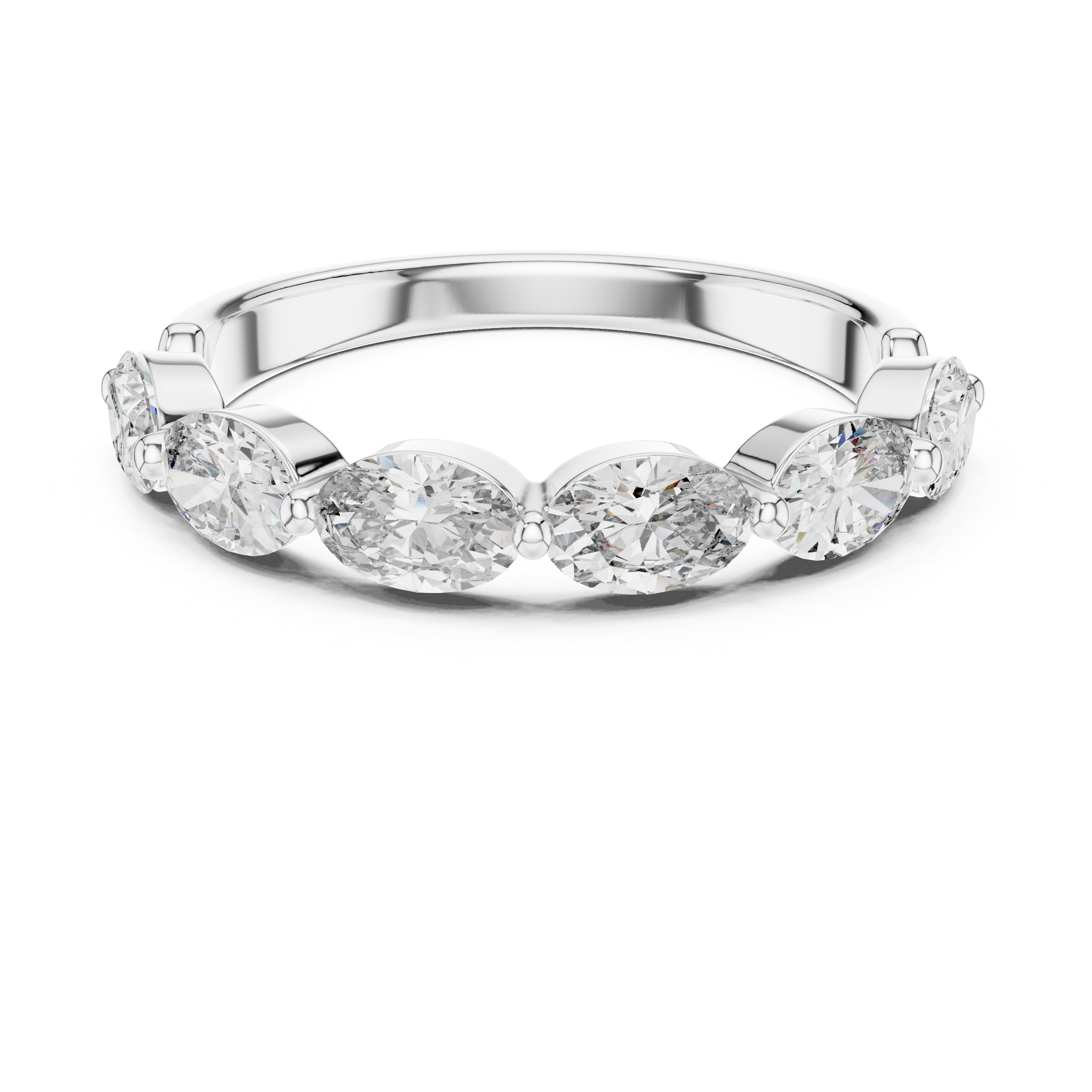 Silver ring with three clear gemstones on a white background